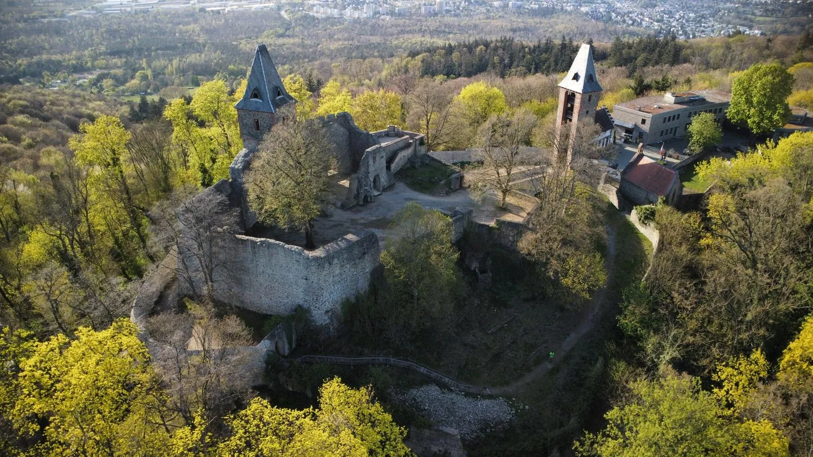 Burgruine auf bewaldetem Hügel mit Blick in die Ebene