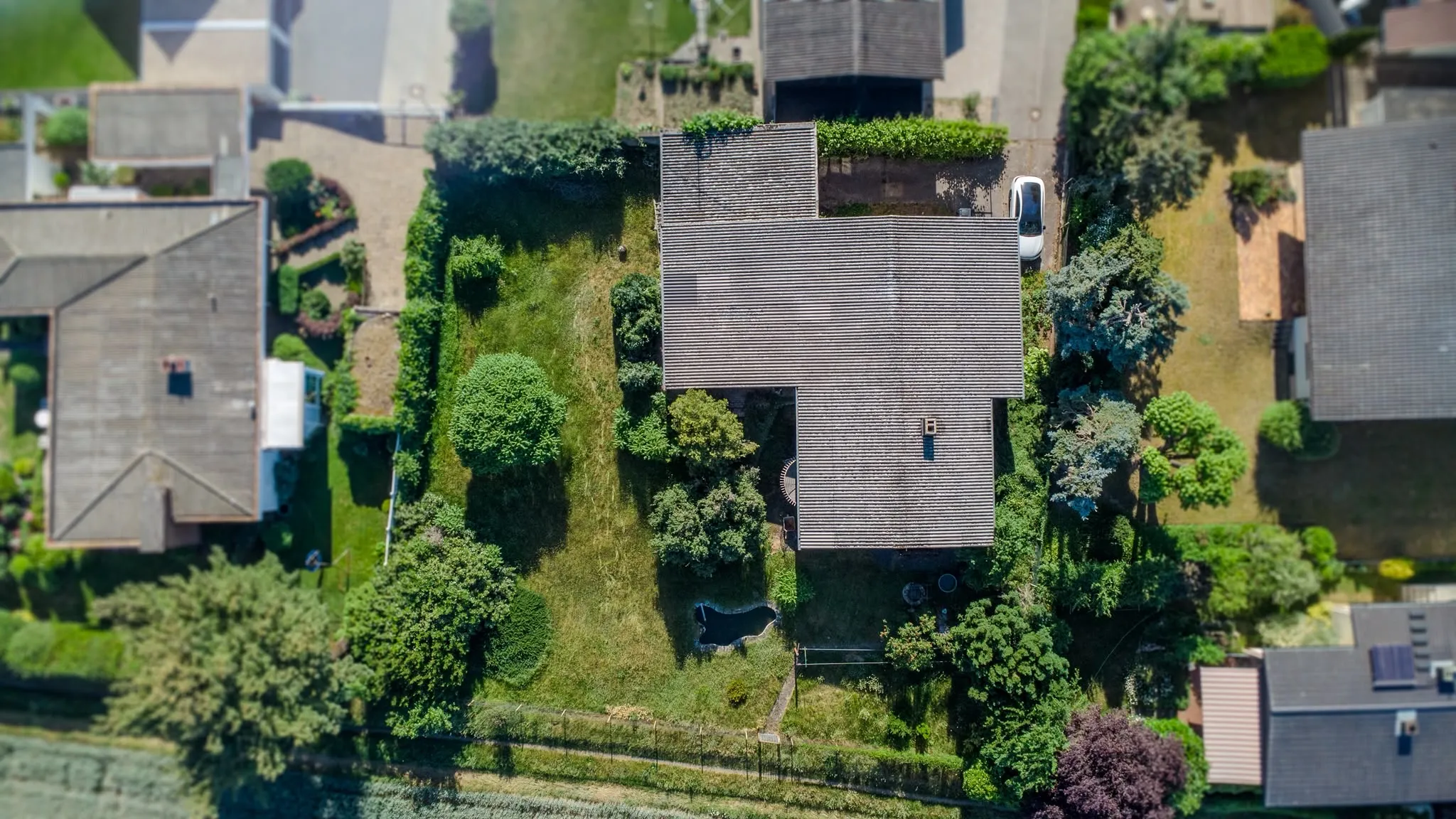 Grundstück und Umgebung des Einfamilienhauses in Einhausen von oben